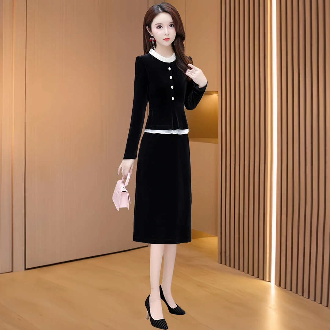 入秋一整套穿搭金丝绒连衣裙女2025新款高端气质贵夫人假两件裙子
