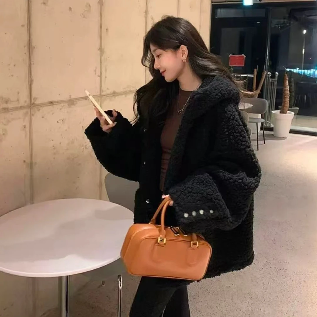 大码颗粒绒防羊羔毛外套女冬季黑色连帽宽松加厚毛毛外套百搭
