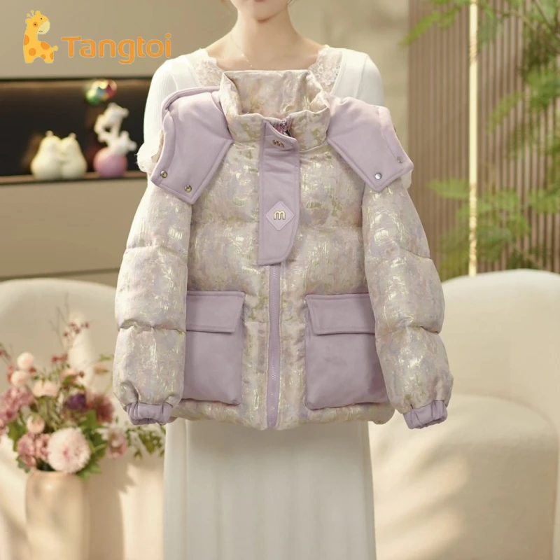 童泰【断码】2025新款短款印花服女童冬季新款时尚加绒连帽面