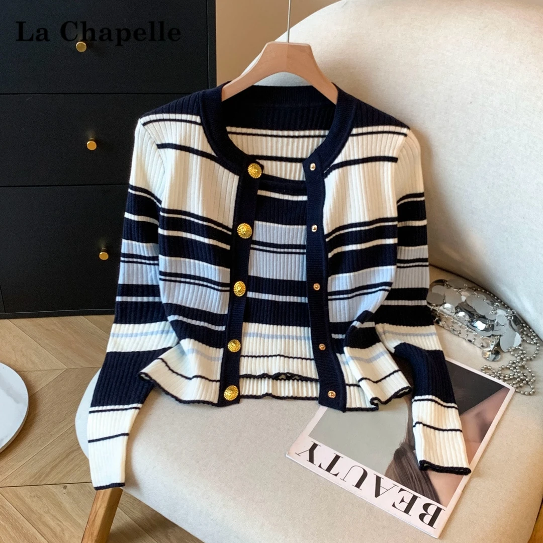 拉夏贝尔老钱风松弛感女装贵气针织开衫小众通勤条纹修身毛衣外套