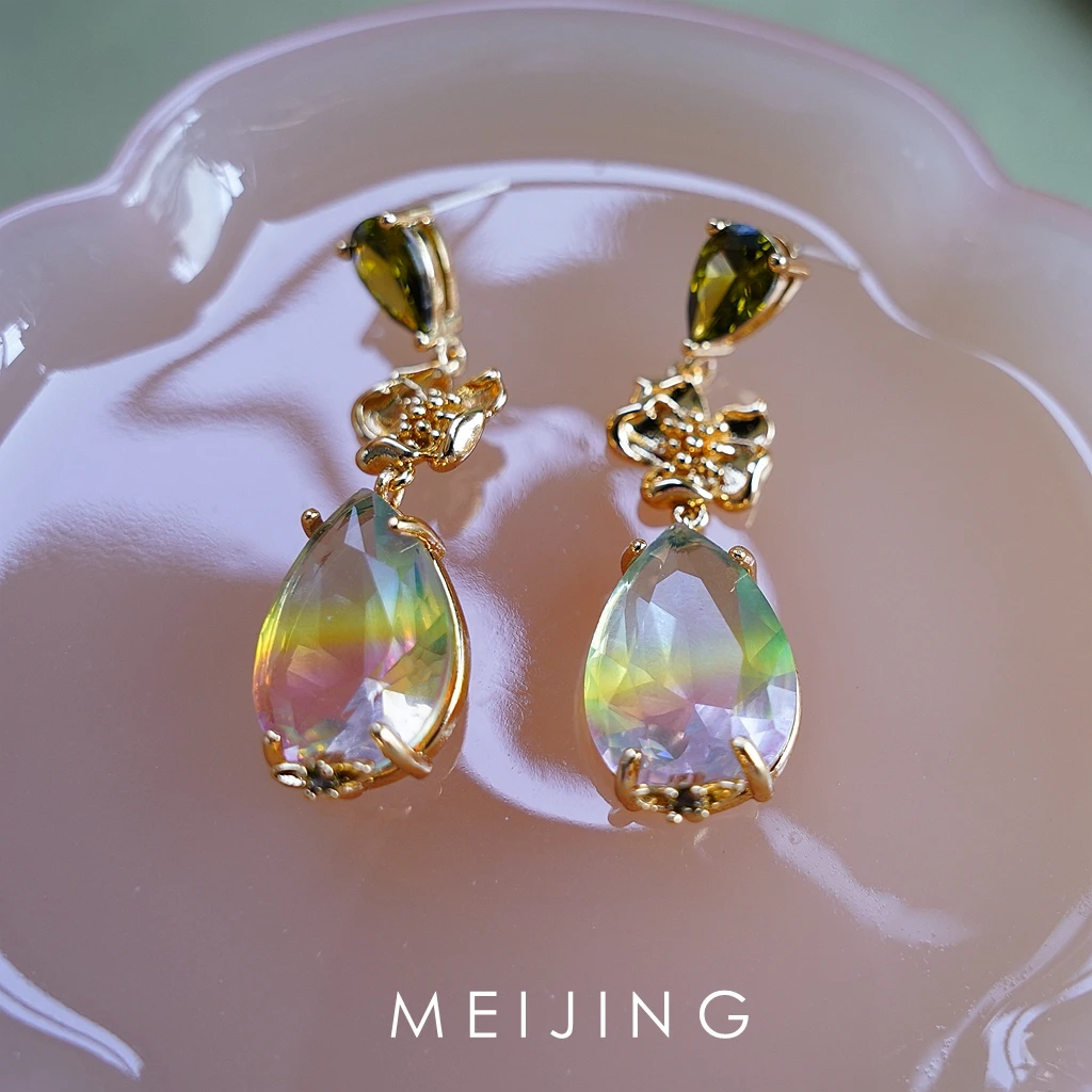 黄铜锆石耳饰 【森林魅影】复古森系精美花朵炫彩水滴锆石耳环
