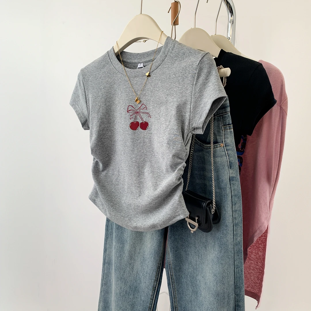 灰色短款正肩短袖t恤衫女夏季2025新款小个子修身显瘦体恤上衣潮