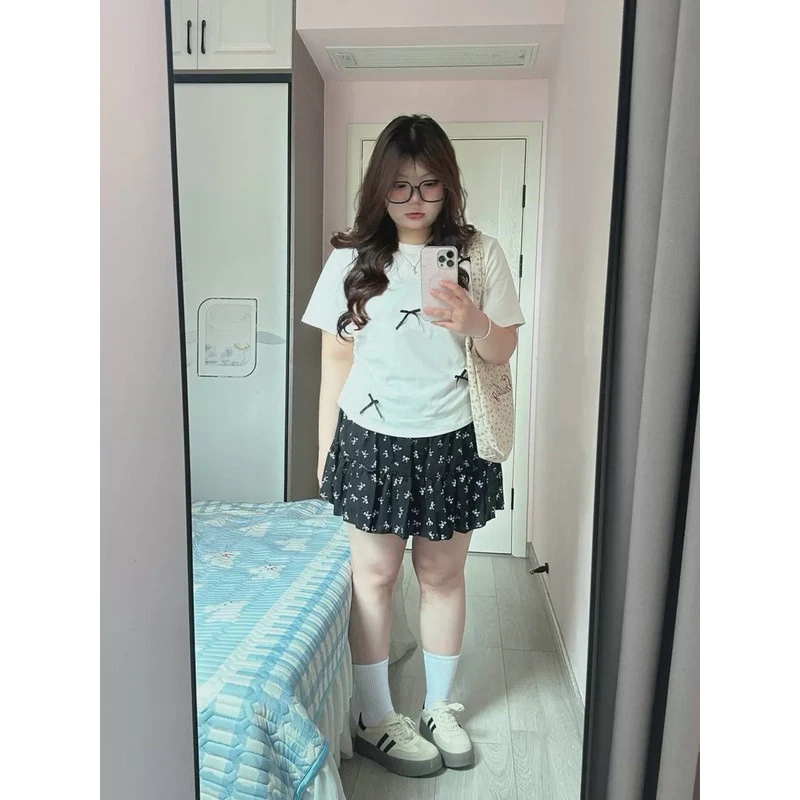 大码胖mm蝴蝶结短袖T恤高腰碎花半身裙短裙两件套显瘦套装女