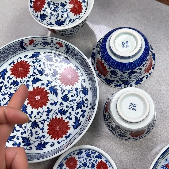 瓷片釉里红缠枝莲5件套景德镇