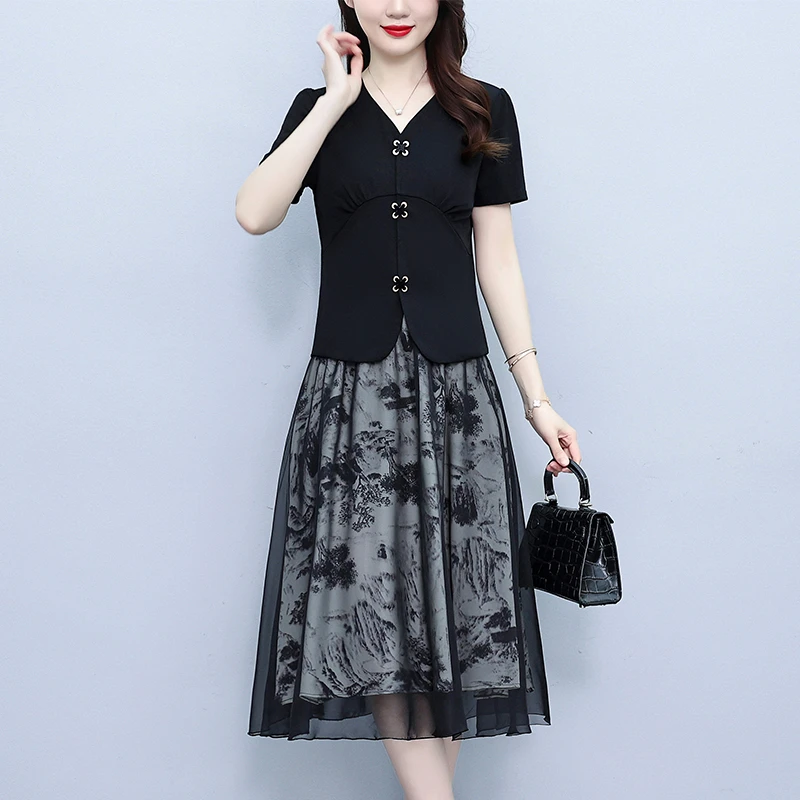 新款大码女装小香风气质显瘦短袖胖妹妹碎花裙时尚两件套夏季