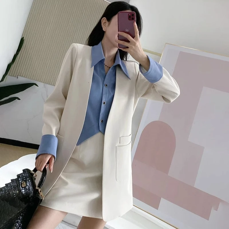 时尚减龄西装套装2025春季新款撞色拼接假两件西服显瘦短裙两件套