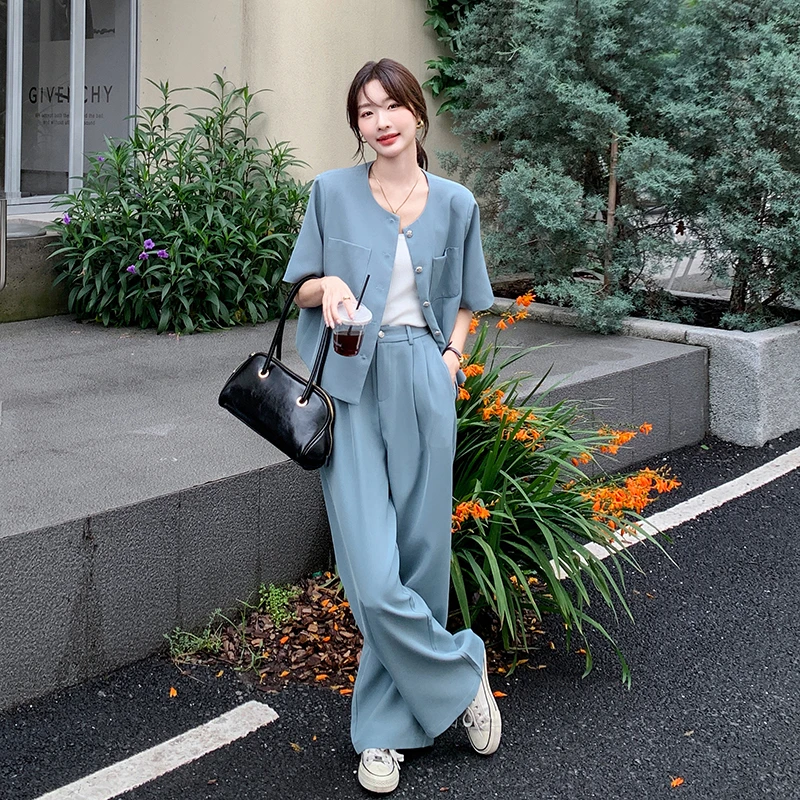 法式时尚轻熟风西装套装女2025夏季新款宽松显瘦上衣阔腿裤两件套