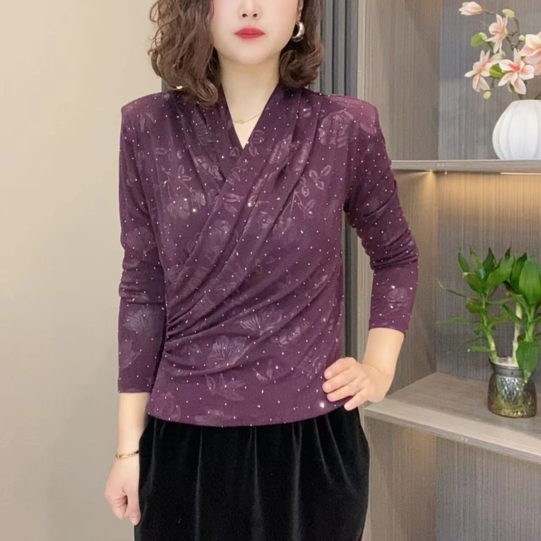 2025春夏季气质时尚百搭显瘦遮肉女士交叉V领印花上衣9977