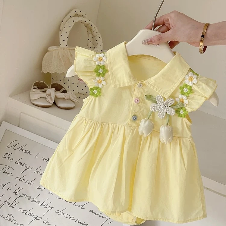 2025夏季婴儿无袖连体衣女宝宝包屁裙郁金香花朵爬服时尚洋气礼服