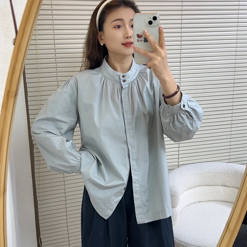 春季日系简约百搭立领衬衫女休闲宽松设计感衬衣小个子长袖上衣潮