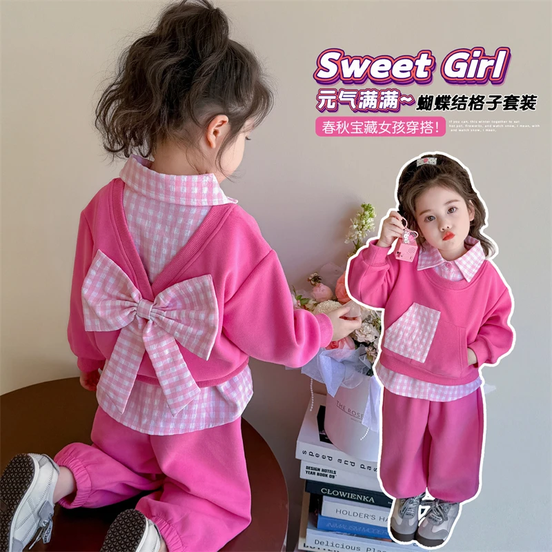 女童套装洋气儿童格子翻领蝴蝶结两件套小女孩宝宝秋装2025新款潮