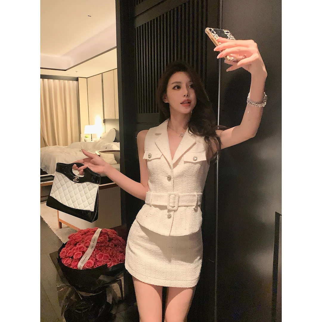 轻奢网红款时尚潮流显瘦纯欲名媛女夏新款无袖马甲半裙小香风套装