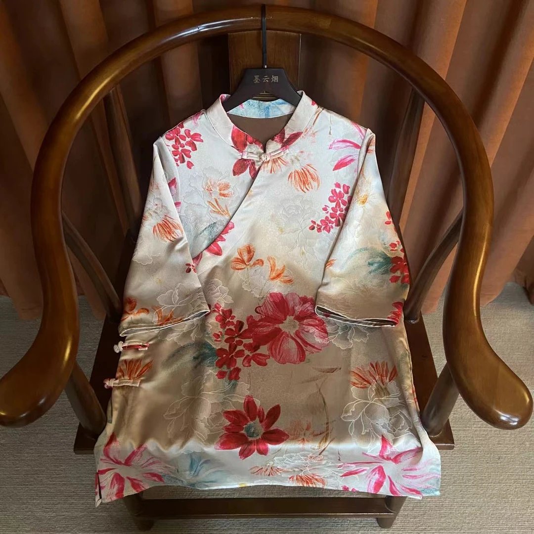 【椿花】2025春季新款圆领套头斜襟盘扣宽松版民族风气质上衣女