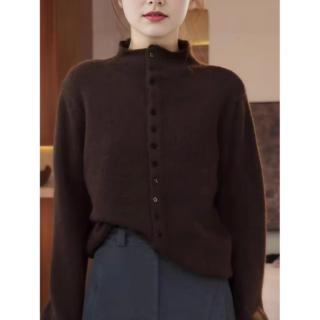 Kim mumy 方扣半高领气质洋气针织开衫外套时尚百搭新款毛衣女