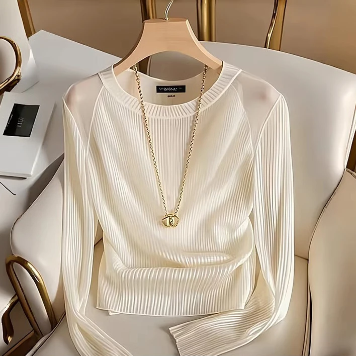 新款外穿极简风紧身白色长袖t恤女法式高级简约气质甜美上衣