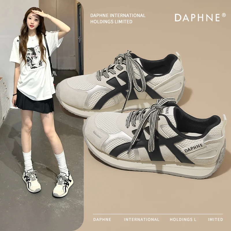 达芙妮韩版显脚小德训鞋女款秋季新款网面透气软底舒适休闲阿甘鞋