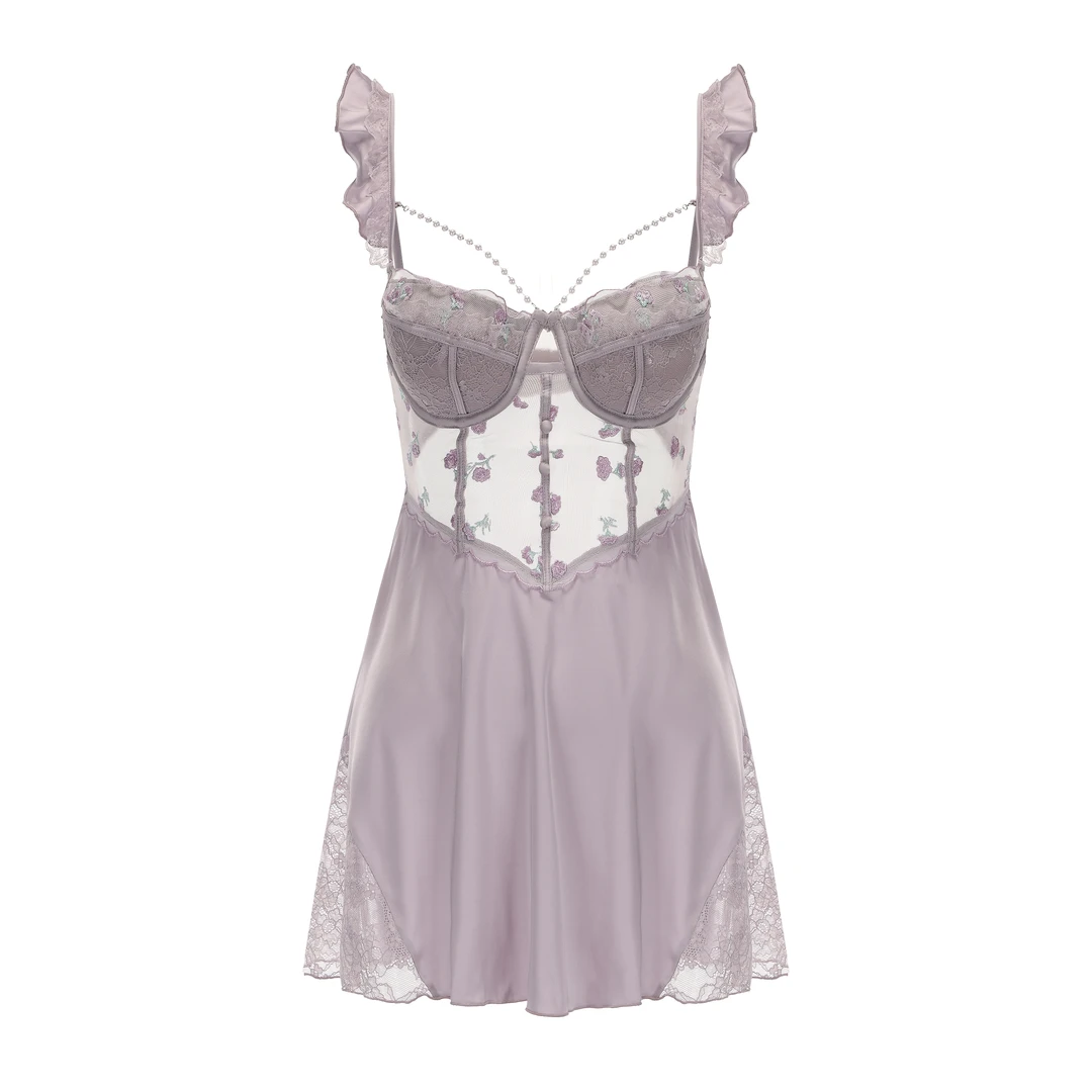 [秘语-梦中云裳]法式甜美纯欲带钢圈露背性感居家睡裙