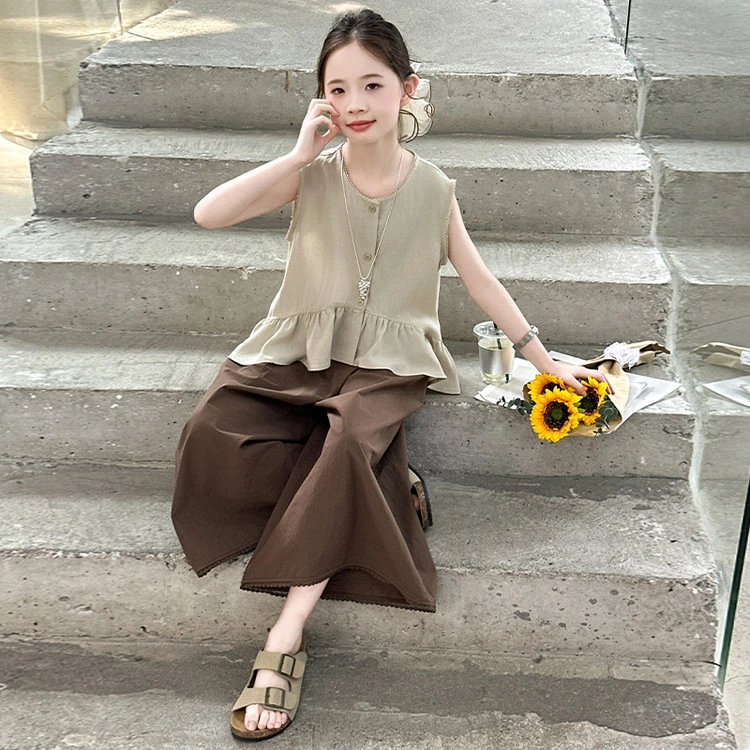 女童纯色荷叶边夏季休闲儿童无袖女孩清凉套装2025中大童5-15岁潮