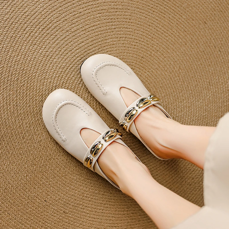 3cm/牛皮/真皮包头半拖鞋女时尚铆钉扣件舒适软头软底皮拖鞋女