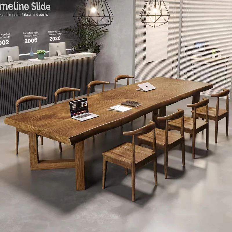 实木会议桌椅组合现代简约办公大型长条会议桌茶桌一体洽谈桌高端