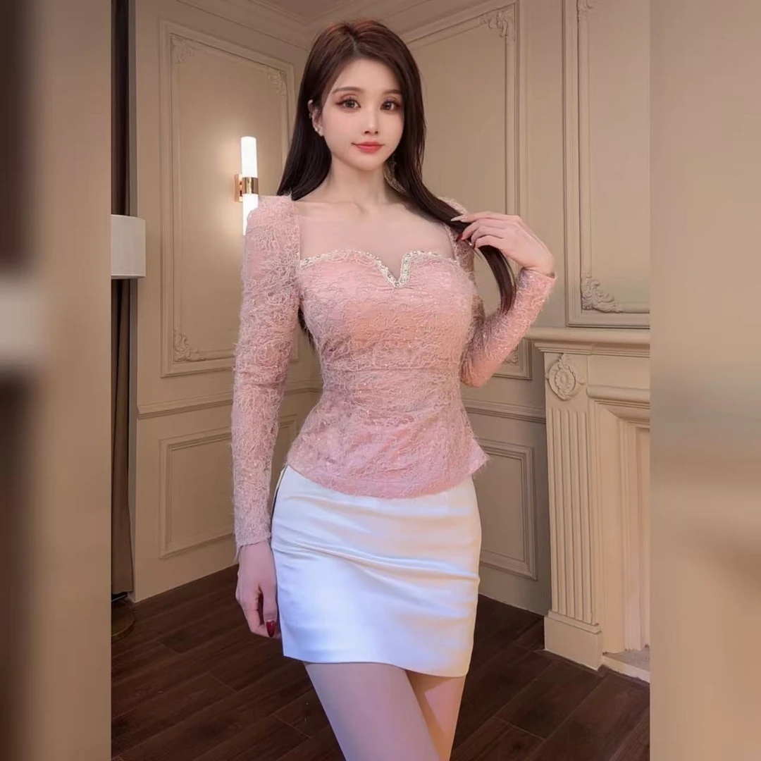 柔娜定制   蕾丝显瘦高腰修身法式设计感气质纯欲上衣91515