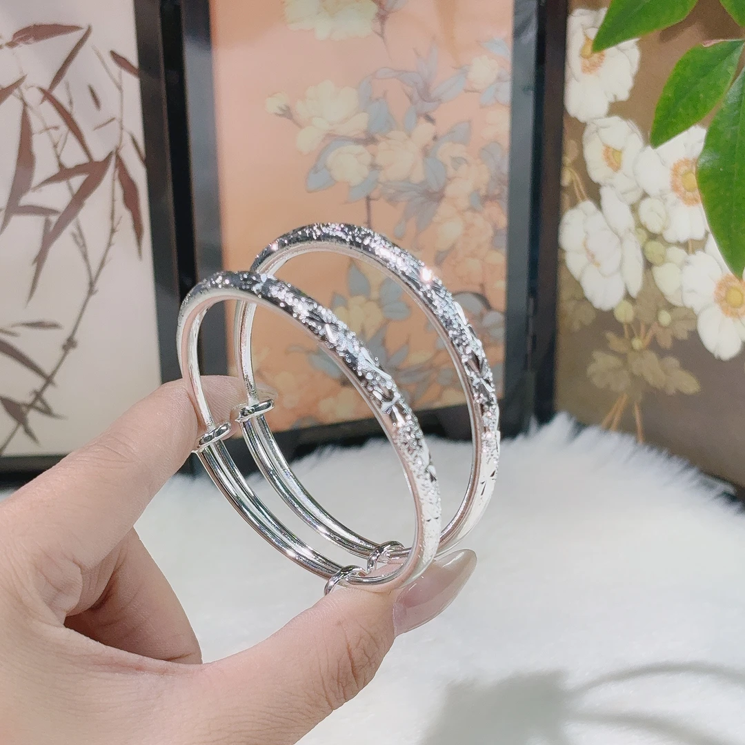 足银手镯 足银手镯 【荃湾银饰】24足银999.9实心满天星钉砂推拉款