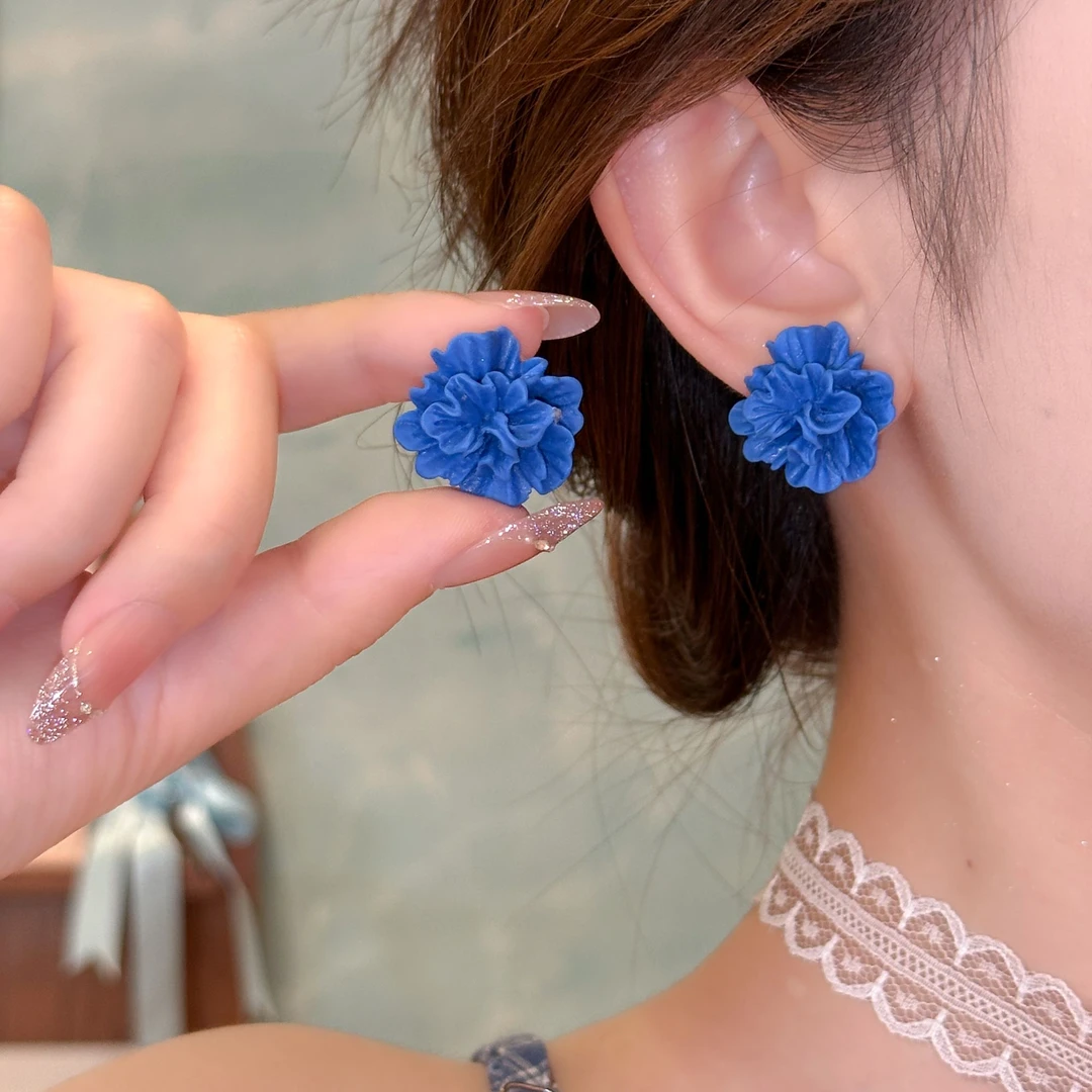 锌合金耳饰 蓝色立体褶皱花朵个性女时尚港风高级感蚊香盘