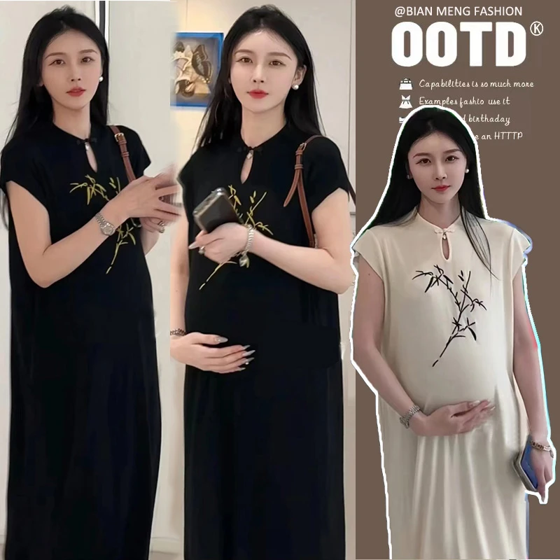 孕妇装新品孕妇夏装国风刺绣盘扣改良旗袍新中式显瘦冰丝针织连衣