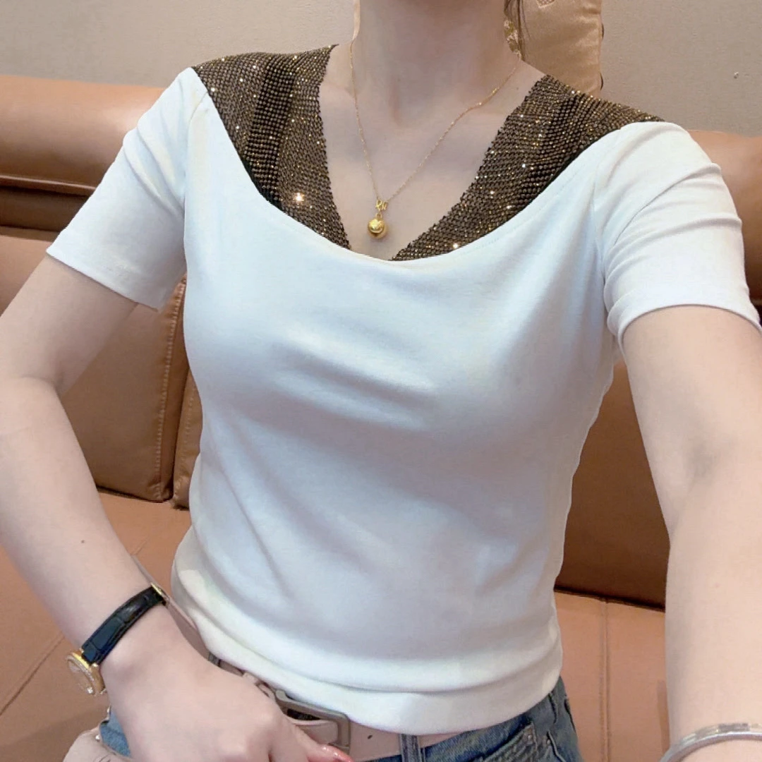 小敏家,夏季新款简约钻领修身短袖T恤女百搭时尚显瘦508
