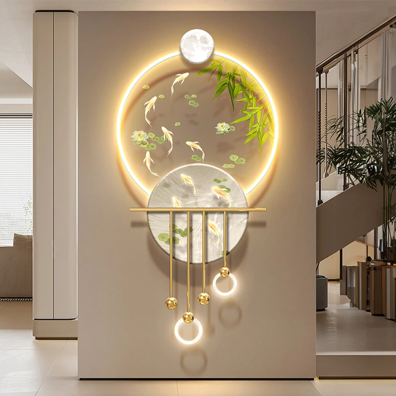 九鱼图入户门玄关装饰画沙发奶油风竹子发光壁画绿植走廊过道挂画