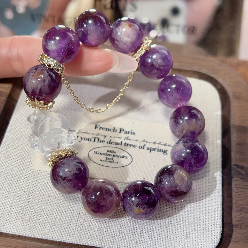 【步步高升】14m紫幽灵+捂脸小熊手串原创设计天然水晶Y65