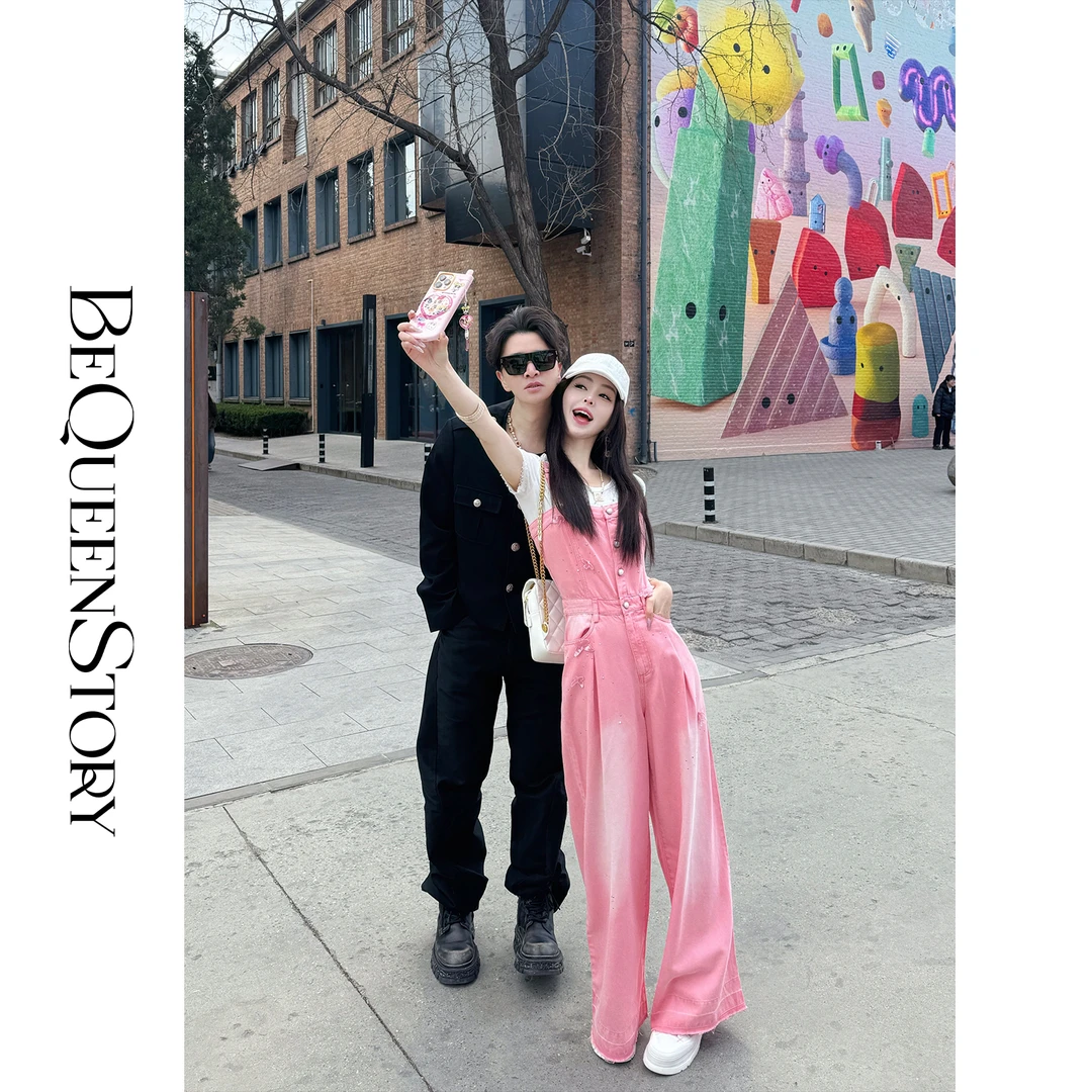 余潇潇【甜蜜复兴】甜酷粉色烫钻蝴蝶牛仔背带裤2025新款