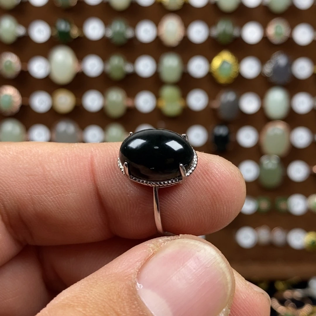 和田玉（青玉）戒指银S925镀金镶嵌