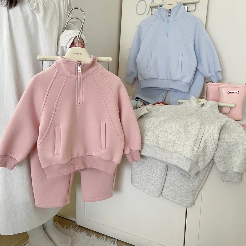 【橘子家】现货~女童纯色套装春季新款儿童卫衣卫裤两件套HS61072