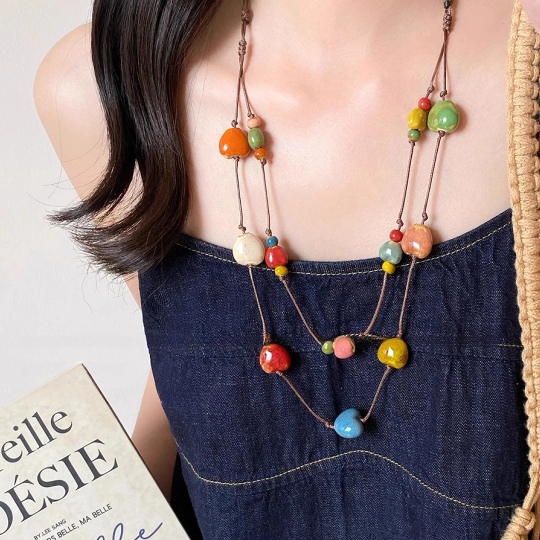 非金属布艺项链 多巴胺锁骨链女夏天多巴胺双层叠戴项链百搭配饰