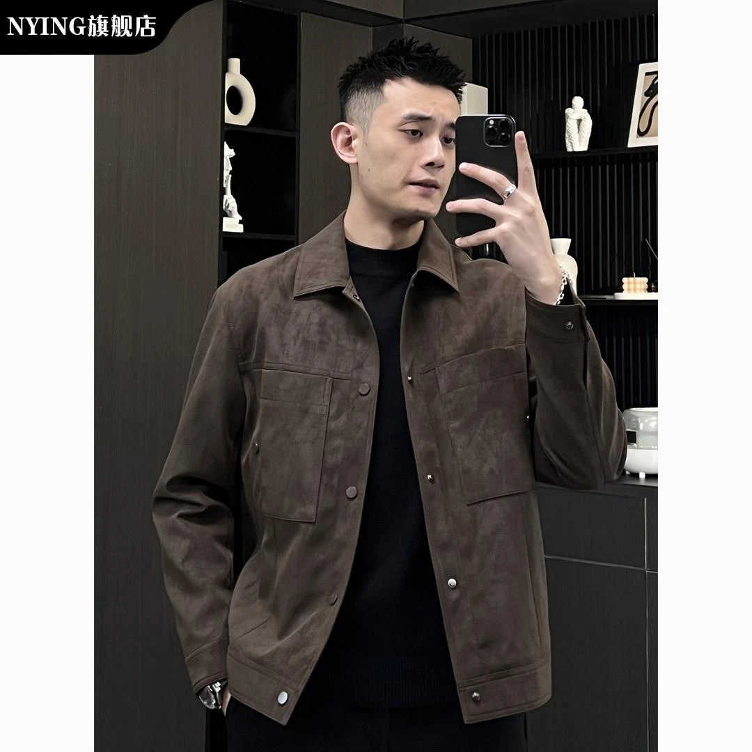 NYING春加厚软皮夹克男翻领覆古软糯时尚修身高级感轻熟皮衣外套