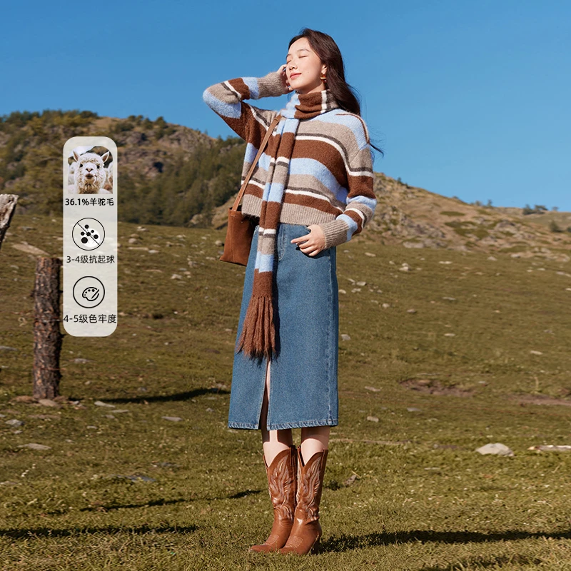 N844255毛针织衫 香影慵懒风条纹针织衫女2024冬季