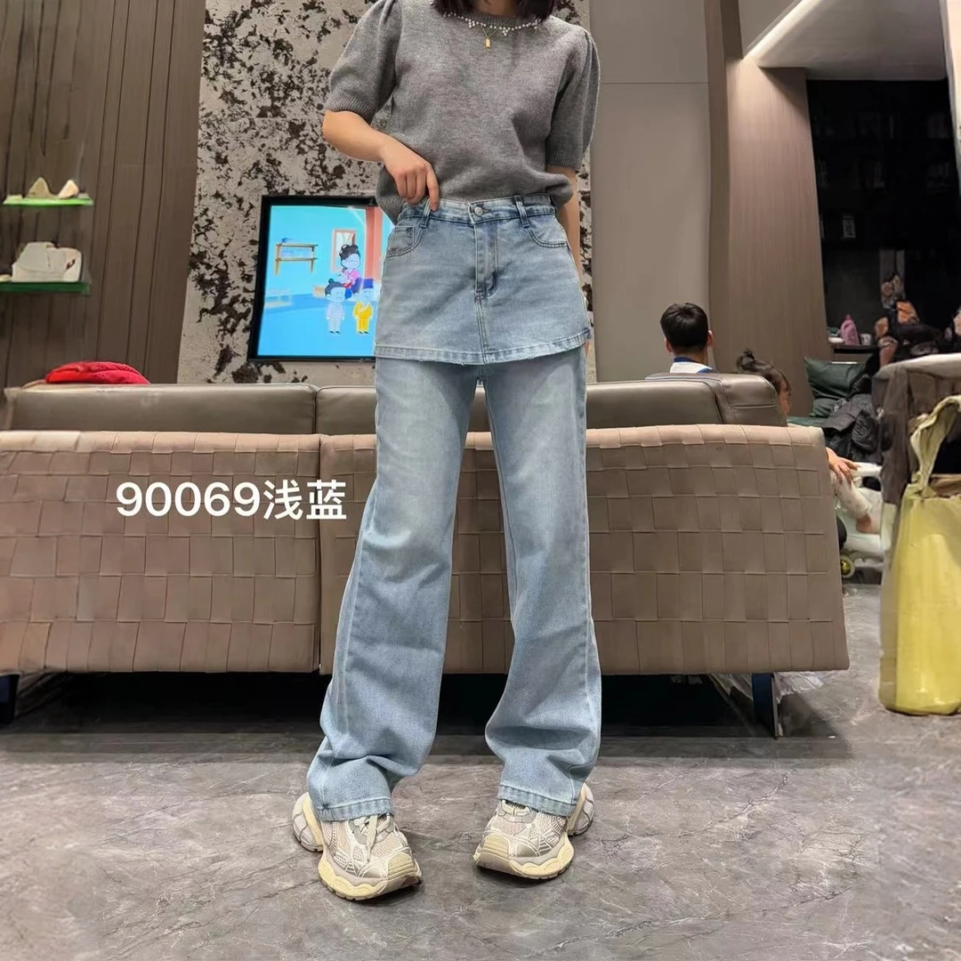 D90069设计感假两件屁帘牛仔裤女春秋新款宽松显瘦裙裤休闲直筒裤