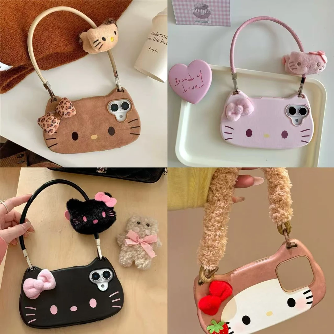 kitty棕色挂绳新款适用iPhone16Pro手机壳苹果15保护套时尚个性