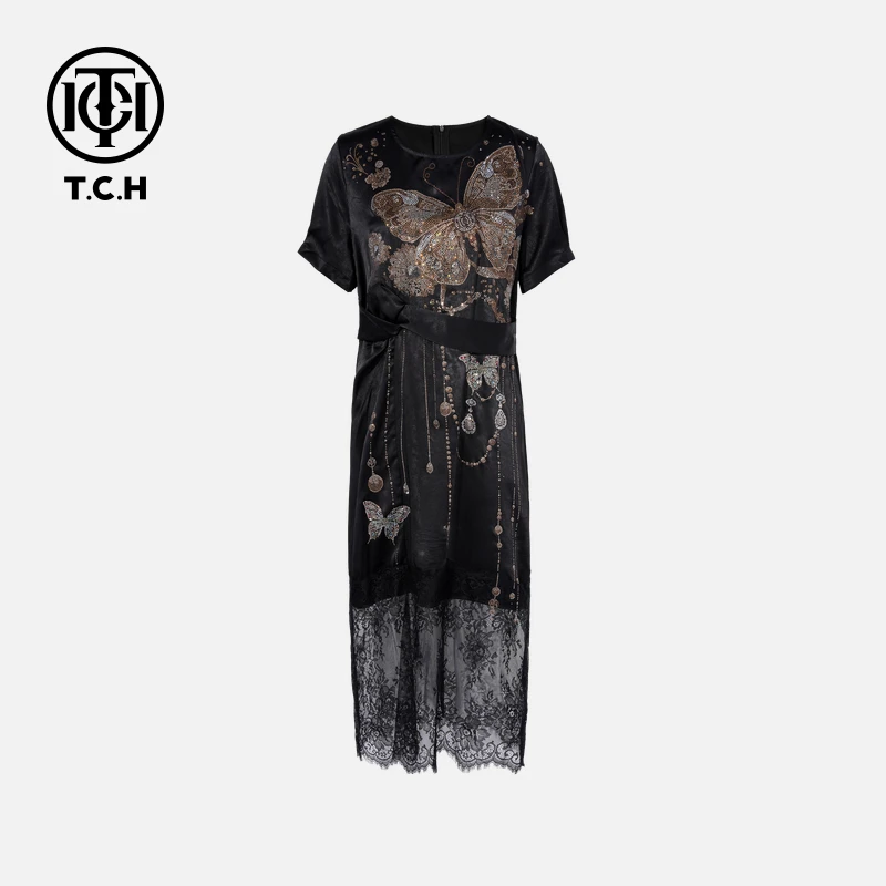 TCH私服烫钻工艺休闲冰感蝴蝶黑色连衣裙女T75B30E5212轻奢tch