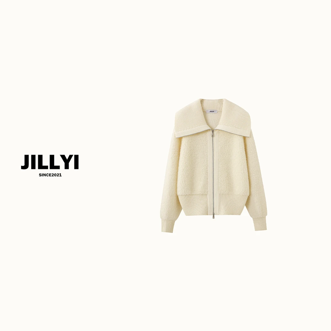 JILLYI【绵绵松饼】杏色披肩领休闲风针织开衫秋季时尚百搭