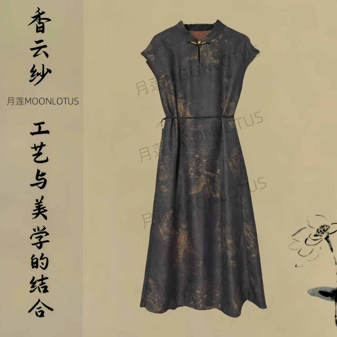 52345  夏季套头显瘦复古中式连衣裙印花新中式裙子