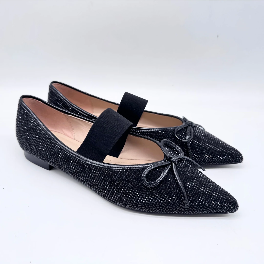 VME/舞魅水钻尖头低跟气质皮鞋黑色平底鞋时尚单鞋【VS24A3603】