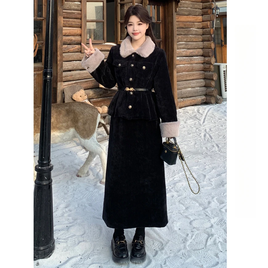大码女装胖MM秋冬新款显瘦韩系高级感毛领外套夹棉半身裙两件套装