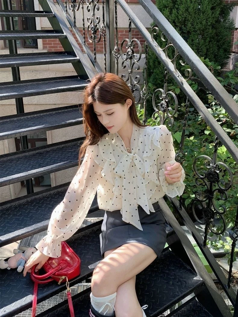 【48h发】秋新款乳白色法式设计感绑带宽松高级感荷叶边波点衬衫女