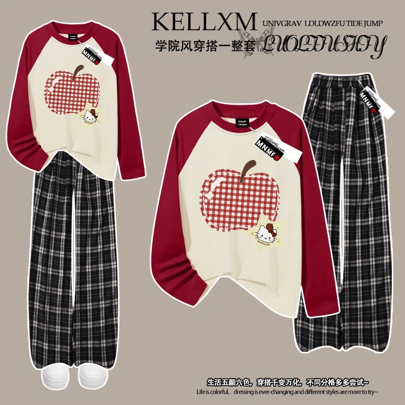 韩系洋气凯蒂猫卡通印花早秋女童套装纯棉插肩长袖T恤格子裤两件