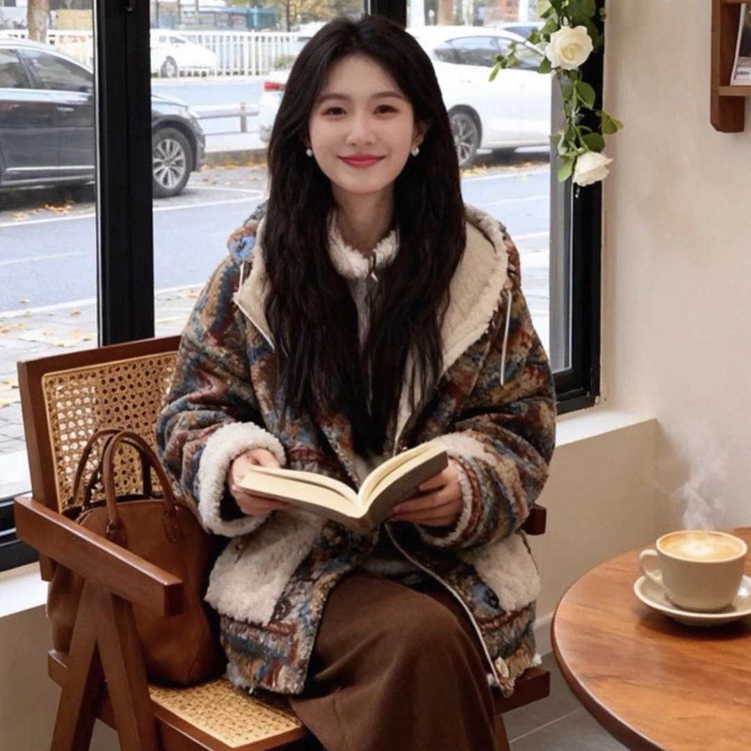 【双面穿 加厚】冬季新款两面穿费尔岛风格毛绒加厚连帽挡风厚外套