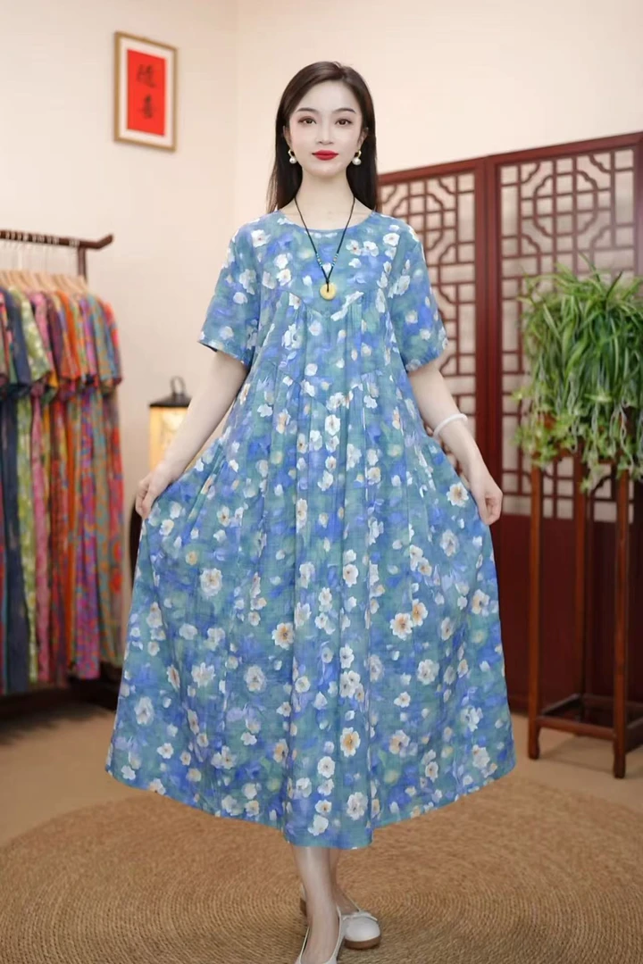 [铃兰]夏季新款高级气质棉麻柔软遮肚宽松显瘦连衣裙子妈妈装