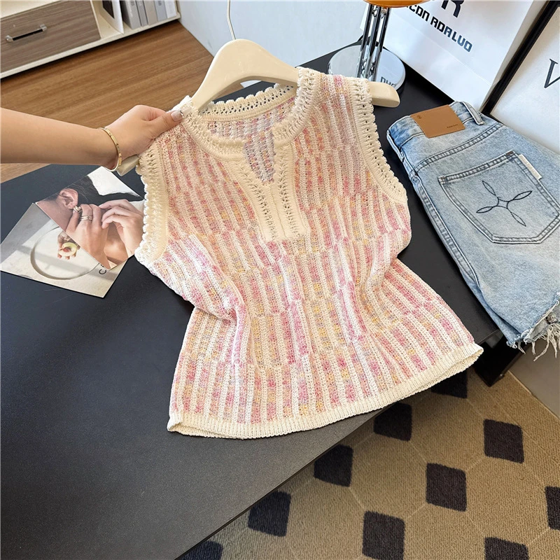 小香风镂空条纹针织短袖背心女2025新款夏季无袖上衣高级薄款小衫