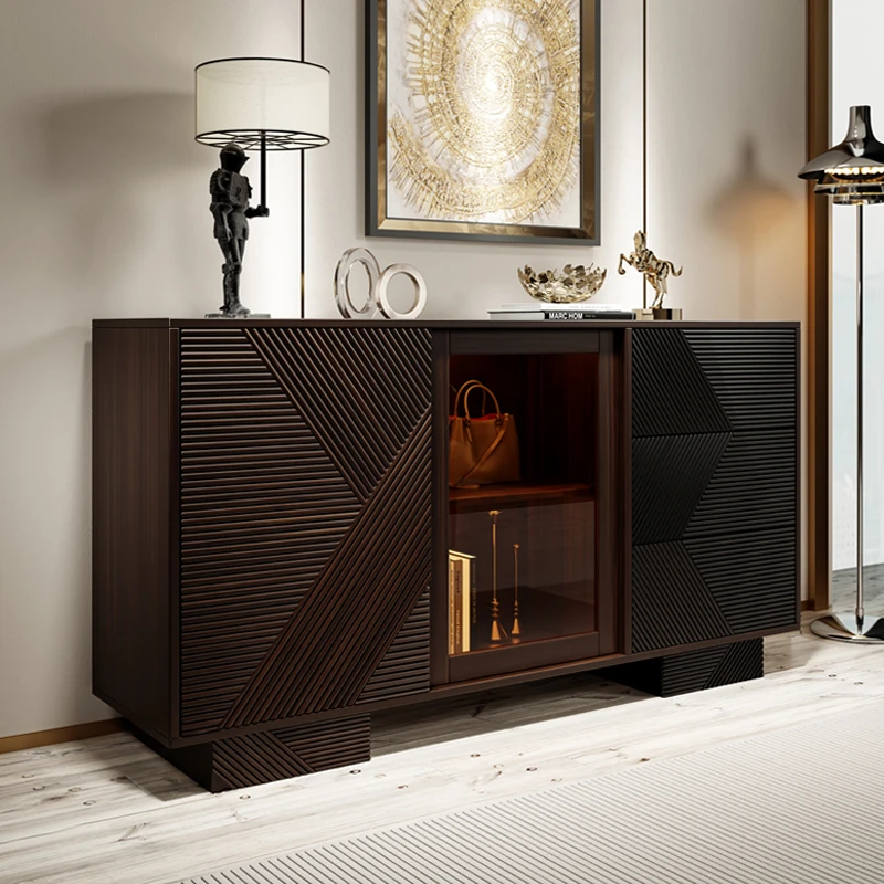 意式极简餐边柜新中式高级移门实木酒柜现代简约餐厅胡桃木色玄关